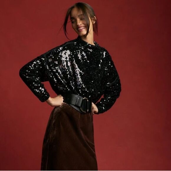 Anthropologie The Alani Cashmere Mock-Neck Sweater by Pilcro Sequin Edition NWT - Picture 2 of 13